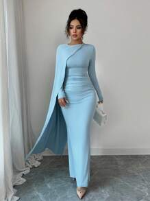 Elenzga 夏季新款天蓝色优雅派对生日宴会礼服，百搭裹腰褶皱长款女式连衣裙 - 藍色 - 查看 4