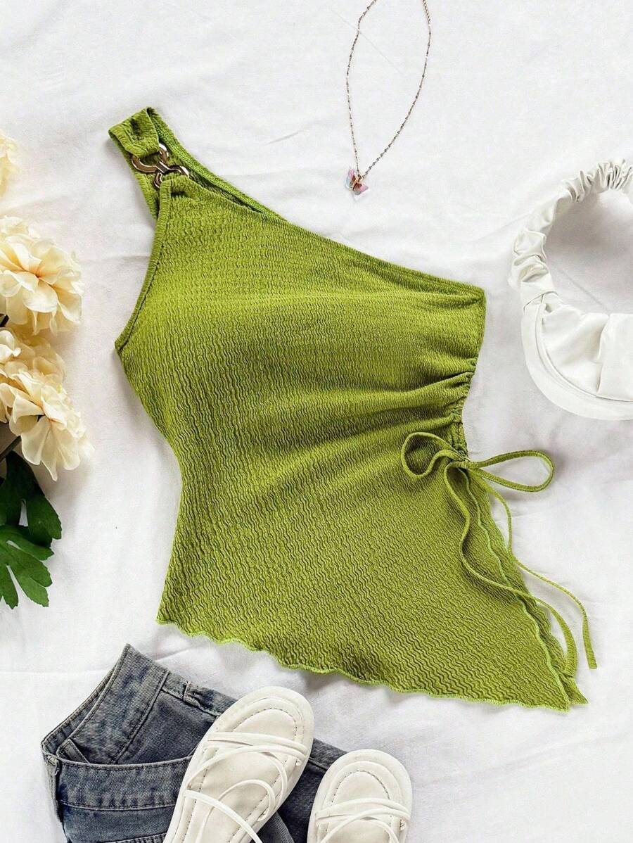 Soleia 女士夏季度假米色针织提花纹理单肩修身下摆开衩抽绳褶饰吊带背心，适合派对、约会、情人节、复活节、狂欢节、下午茶、海滩、游轮、城市度假 - 綠色 - 查看 1