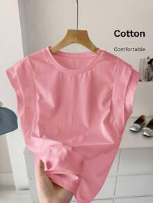 SHEIN LUNE 女士休闲白色圆领双层宽肩无袖T恤，适合日常休闲穿着，春夏基本款上衣女士上衣棉质上衣粉色上衣粉色棉质上衣淡粉色上衣棉质T恤女士基本款T恤 - 粉色 - 查看 1