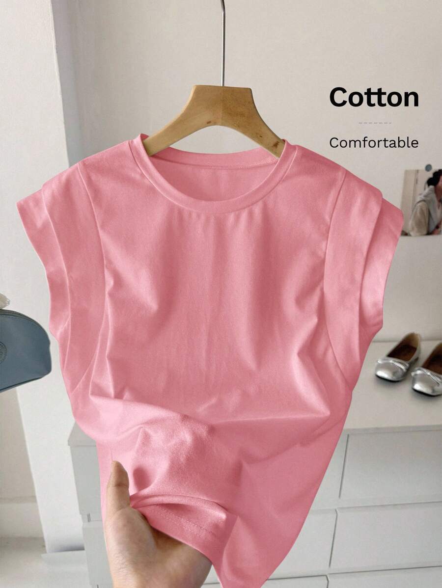 SHEIN LUNE 女士休闲白色圆领双层宽肩无袖T恤，适合日常休闲穿着，春夏基本款上衣女士上衣棉质上衣粉色上衣粉色棉质上衣淡粉色上衣棉质T恤女士基本款T恤 - 粉色 - 查看 1