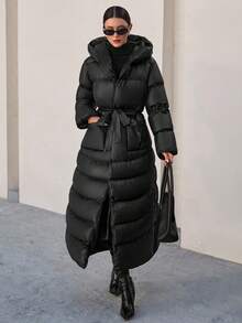 CLARA VERO Women Solid Color Belted And Pocket Detailed Long Winter Coats Long Winter Coat Women Womens Outerwear Long Puffer Coat Women Womens Puffer Jacket Womens Long Down Coat