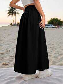 Veykashi 大码女式黑色开衩下摆休闲裙，适合夏季、海滩度假、日常休闲、街头、返校