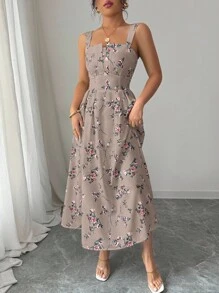 Elenzga 春夏季女士最新花卉印花优雅腰部褶皱长裙 - 棕色 - 查看 3