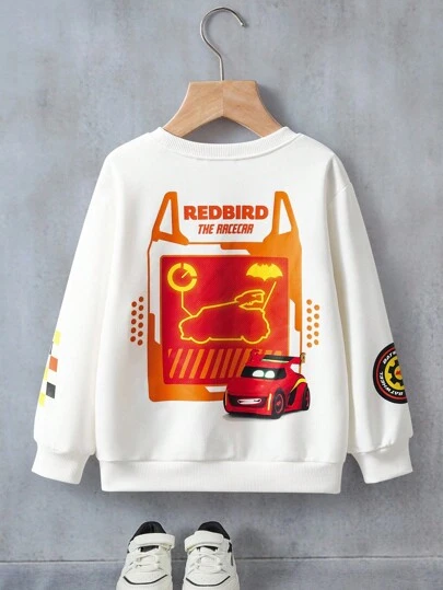 Batwheels X SHEIN Young Boy Cartoon Pattern White Long Sleeve Sweatshirt