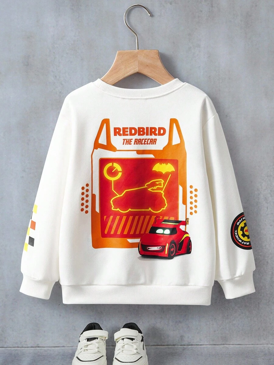 Batwheels X SHEIN Young Boy Cartoon Pattern White Long Sleeve Sweatshirt