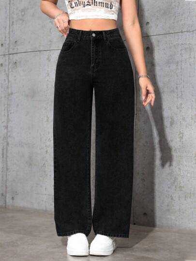 SHEIN ICON Dambyxor med vida ben och fickor, mångsidiga och avslappnade jeans