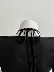 Elamini 女式黑色罗纹针织蕾丝拼布蕾丝领口系带长袖紧身 T 恤，优雅复古别致女士休闲通勤约会装，春秋黑色蕾丝上衣女式黑色蕾丝上衣。露出肌肤 - 黑色 - 查看 5