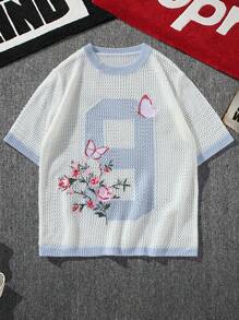 Manfinity Roghcode Men's Floral Butterfly Hollow Out Short Sleeve Casual Knit Top Back To School - Multicolor - View 1