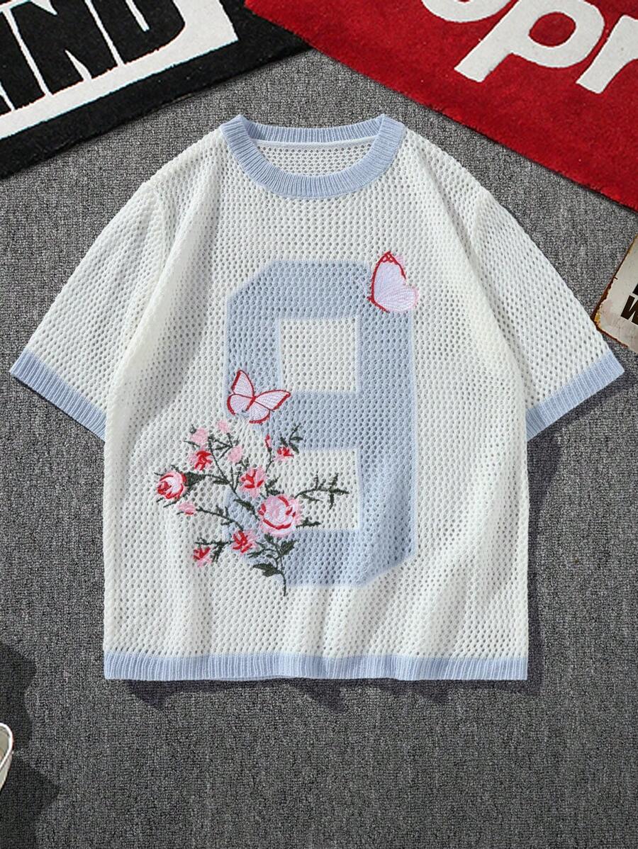 Manfinity Roghcode Men's Floral Butterfly Hollow Out Short Sleeve Casual Knit Top Back To School - Multicolor - View 1