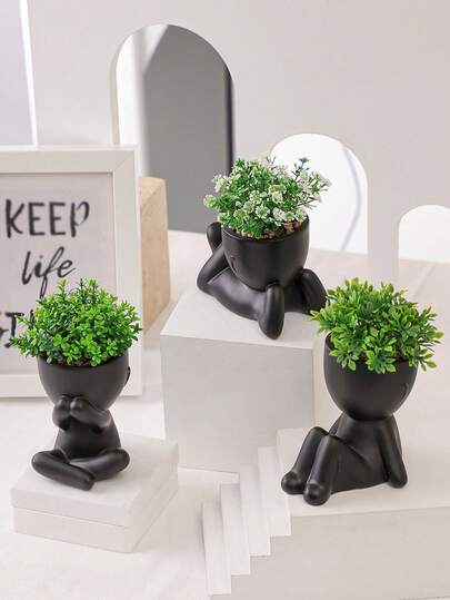 1 件/3 件人造多肉植物，单株小型多肉盆栽，三种形状可供选择，黑色花瓶，卡通形状，PP 材质，PE 材质，绿色，桌面装饰，家居装饰，花园装饰，学校、宿舍、办公室装饰，花园装饰，户外植物，园艺，假花圣诞节万圣节装饰，返校客厅装饰游戏
