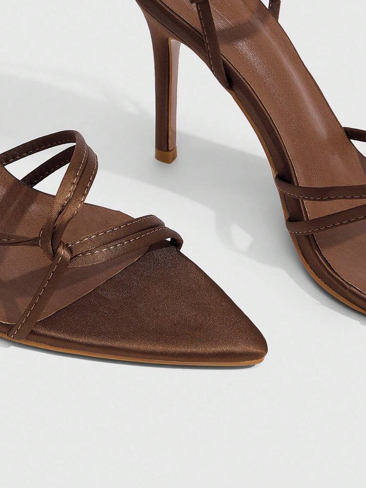 CUCCOO SZL 10cm Pointed Toe Sexy High Heel Sandals, Brown Thin Strap Design, Satin Material