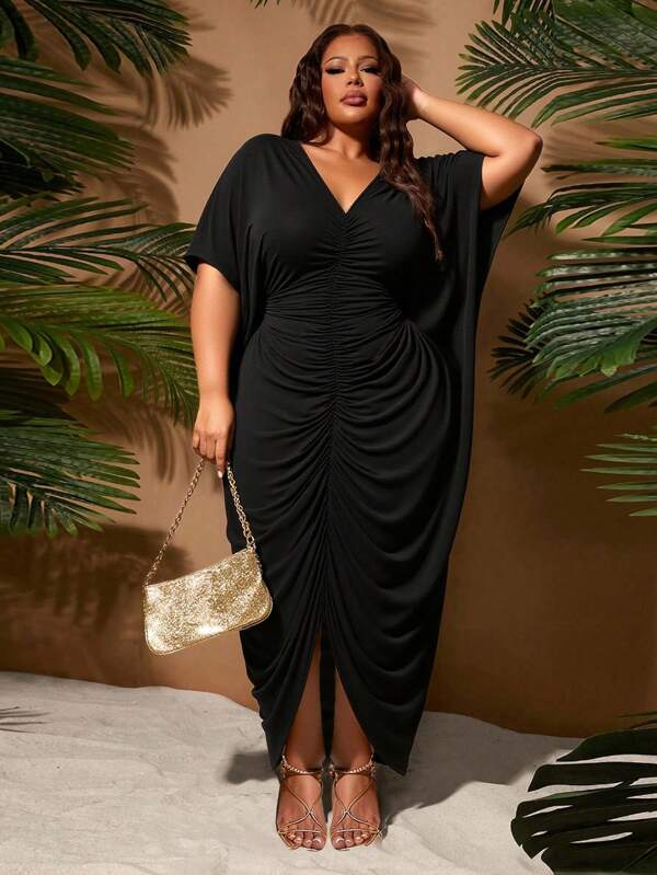 SHEIN SXY Vestido feminino plus size primavera/verão, elegante, sexy, cor sólida, franzido na frente, bainha dividida, adequado para uso diário, festivais de música, shows
