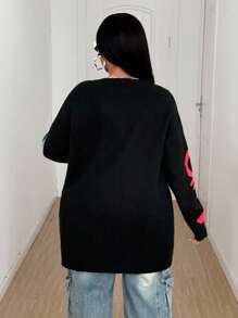 Maweii 大码女式印花宽松休闲开衫 - 黑色 - 查看 5