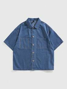 ROMWE MEN Casual 男士条纹短袖单排扣口袋休闲牛仔衬衫 - 棕色 - 查看 1