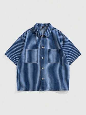 Prep Camicia di jeans casual da uomo con tasche, a maniche corte, monopetto, a righe