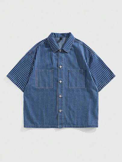 Prep Men's Striped Short Sleeve Single Breasted Pocket Casual Denim Shirt