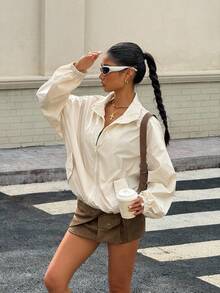 Muchica Women's Autumn New Solid Color Loose Zippered Shoulder Jacket, Suitable For Daily Street Wear - Beige - View 5