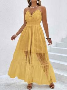 SHEIN Clasi 大码女式度假风格纹理吊带背心连衣裙，带荷叶边下摆和收腰设计 - 黃色 - 查看 6