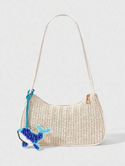 ROMWE Fairycore 1pc Bohemian Style Beach Bag, Hollow Out Net Tote Bag For Women, Suitable For Vacation, Comes With Hanging Decoration & Tropical Floral Embellishment