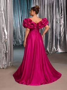 Glamrae 大码优雅浪漫紫红色露肩泡泡袖夸张设计婚纱，高开衩，A 字廓形，适合婚礼、派对、毕业典礼、正式晚礼服 - 玫紅色 - 查看 5