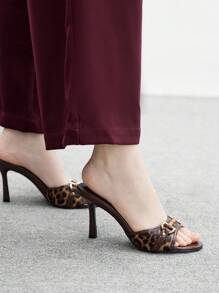 CUCCOO BIZCHIC Women Leopard Print PU Patchwork Gold Buckle Fashion Retro Round Toe Mules Slip-On High Heel Sandals For Summer For Christmas Spring Shoes - Brown - View 5