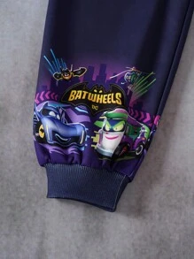 Batwheels X SHEIN Tween Boy Casual Street Fashion Cartoon Race Car Letter Graphic Patchwork Checkerboard Loose Fit Pullover And Elastic Waist Sweatpants Set, Spring/Autumn Boys Graphic Sweatpants And Shirt Boys Jogger Sets Boys Graphic Sweatpants And Sweatshirt Set