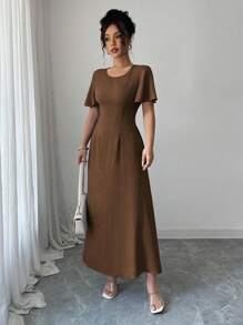 Elenzga 女士优雅A字型无袖连衣裙，夏季 - 棕色 - 查看 4