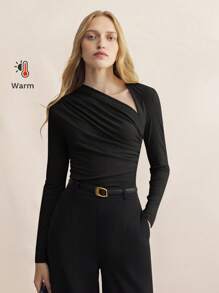 BizChic Autumn Women's Asymmetric Collar Long Sleeve Fitted Blouse, Minimalist Elegant Fashion Urban Commute Business Casual Wear, Suitable For Teachers, Office, School, Outings, Basic Top - Black - View 9