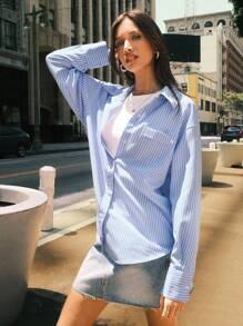 Easelle 女士休闲宽松经典蓝色条纹长袖衬衫 - 藍白色 - 查看 3
