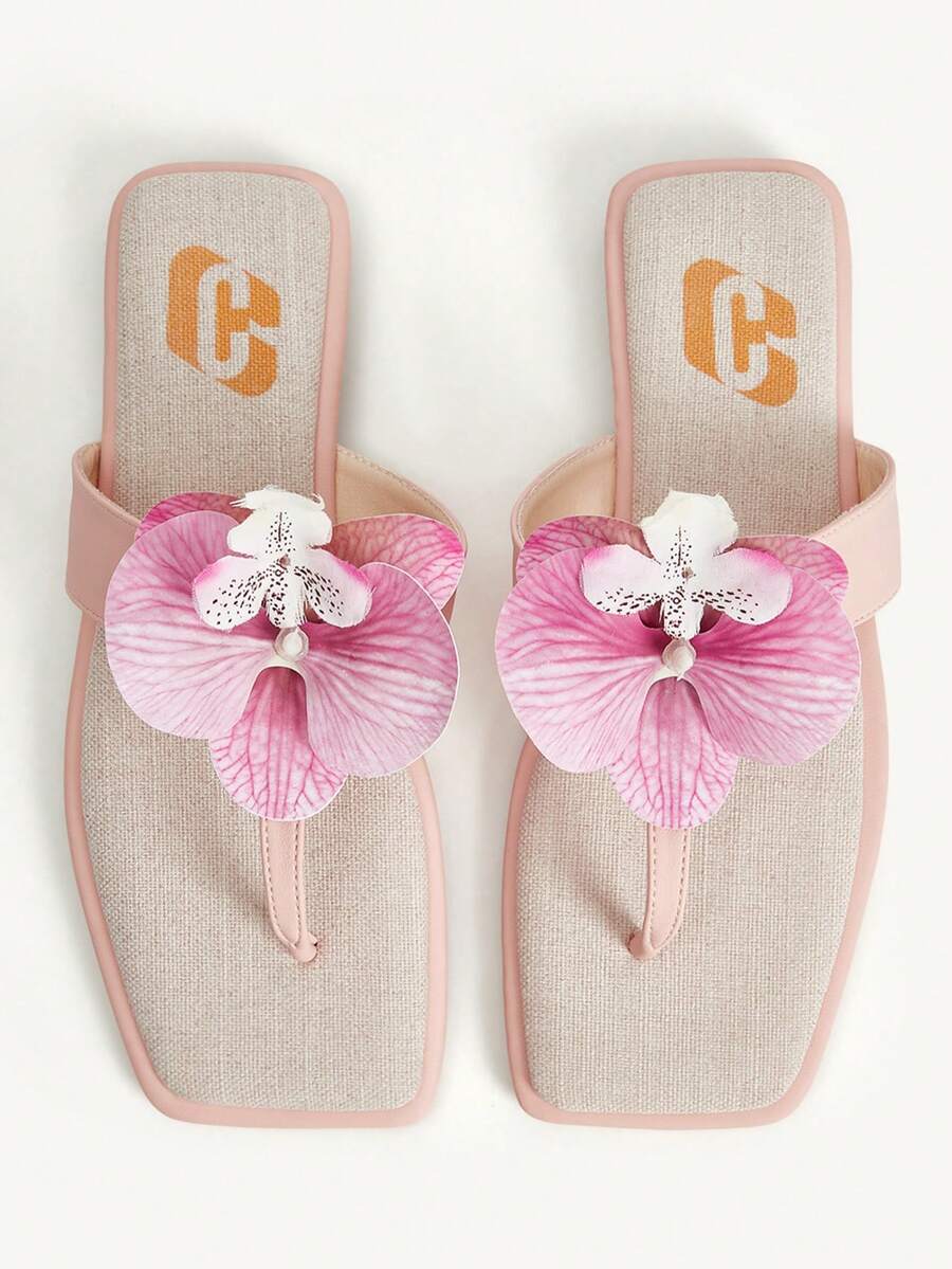 CUCCOO CHICEST 女士亚麻平底凉鞋，3D 鸢尾花装饰，优雅甜美休闲时尚舒适一脚蹬春夏季鞋，适合下午茶、约会、海滩度假 - 粉色 - 查看 1