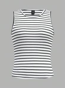 SHEIN EZwear 2 pezzi Set di top a canotta aderenti in tessuto a maglia a righe casual da donna, adatto per l'estate, uso quotidiano, versatile e confortevole