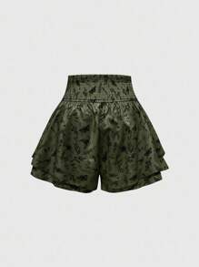 ROMWE Quần short hai lớp họa tiết cây và rắn Gothic phong cách nghỉ dưỡng dành cho nữ - màu xanh lá - Xem 2