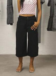 COUREZ 低腰长款宽松牛仔短裤，做旧细节 / Y2K 秋季女装街头复古阔腿裤 - 深色水洗藍 - 查看 3