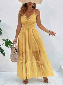 SHEIN Clasi 大码女式度假风格纹理吊带背心连衣裙，带荷叶边下摆和收腰设计 - 黃色 - 查看 1
