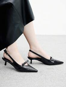 CUCCOO BIZCHIC 女士优雅尖头黑色 PU 蝴蝶结镂空淑女高跟凉鞋 - 黑色 - 查看 5