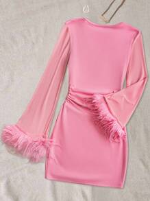 Rafferiza Long Sleeve Solid Color Mesh Contrast With Fur Trim Thermal Lined Dress - Pink - View 2