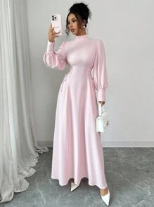 Elenzga Váy midi cổ cao tối giản thanh lịch dành cho nữ, phù hợp mặc đi làm, đi nghỉ, đi biển, trà chiều, tiệc tùng, cổ điển, giáo viên, màu trơn, màu tương phản, trang trí ngọc trai, thắt eo bên hông, tay áo loe hình lồng đèn, dáng chữ A, xuân/thu/đông - Hồng - Xem 6