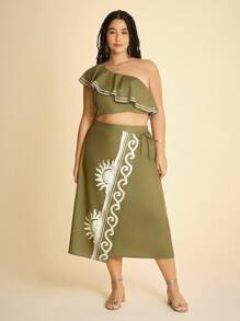 CAJUNI Conjunto de 2 piezas con blusa de cuello asimétrico con volantes y estampado tropical verde, y falda - Ropa bohemia para mujer / Ropa occidental para mujer / Gráfica / Casual - Vestidos de otoño para mujer - Verde - Ver 1