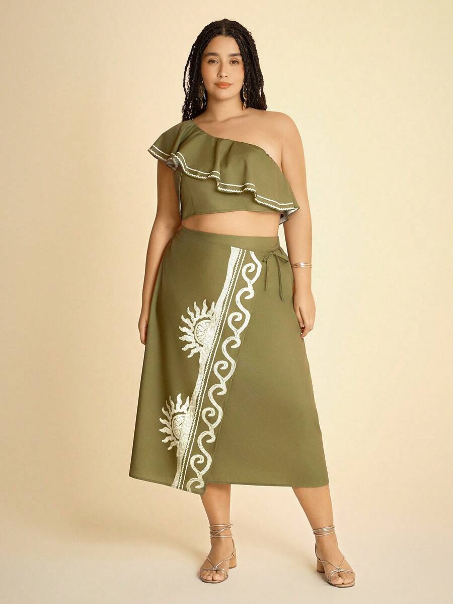 CAJUNI Conjunto de 2 piezas con blusa de cuello asimétrico con volantes y estampado tropical verde, y falda - Ropa bohemia para mujer / Ropa occidental para mujer / Gráfica / Casual - Vestidos de otoño para mujer - Verde - Ver 1