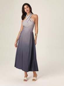 Modelyn Women's Ombre Pleated Hem Criss-Cross Neck Elegant Mid-Length Dress