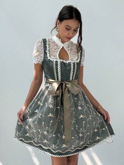 Aloruh Neues bayerisches Oktoberfest Mädchen grünes Kleid, bedrucktes Baguette-Schnürkleid, Dirndl
