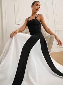 EMERY ROSE Đầm xòe họa tiết hình học chắp vá sang trọng, thanh lịch, gợi cảm bằng vải lanh mới dành cho nữ - Đen và trắng - Xem 4