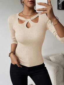 SHEIN Clasi 女式立领镂空纯色打底套头衫商务休闲女士工作服秋季婚礼宾客礼服， - 米色 - 查看 5