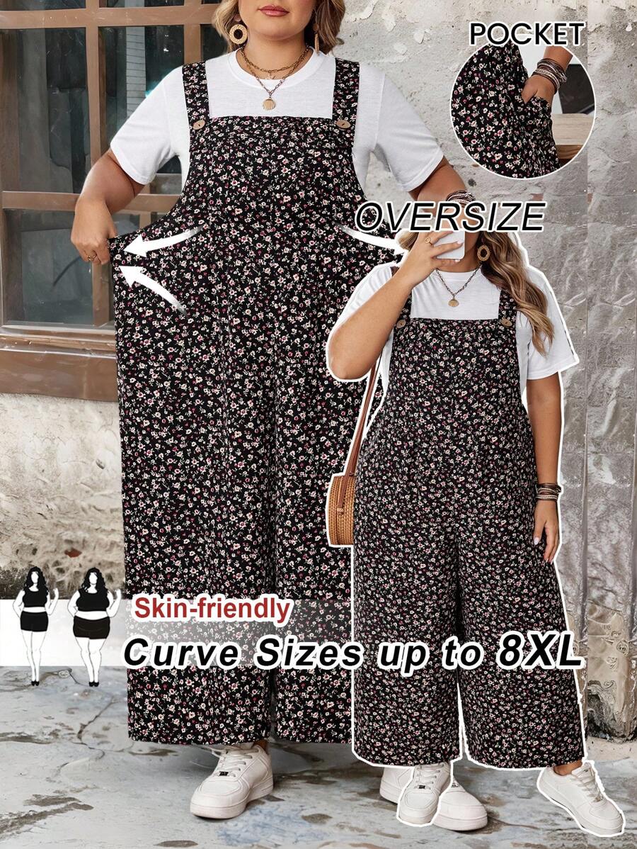 SHEIN CURVE+ Plus Size Women Vintage Style Jumpsuit With Pockets, Back To Schoolfall Clothes For Women,Winter,CURVE PLUS