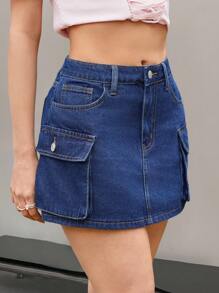SHEIN MOD Flap Pocket Denim Skirt - Dark Wash - View 3