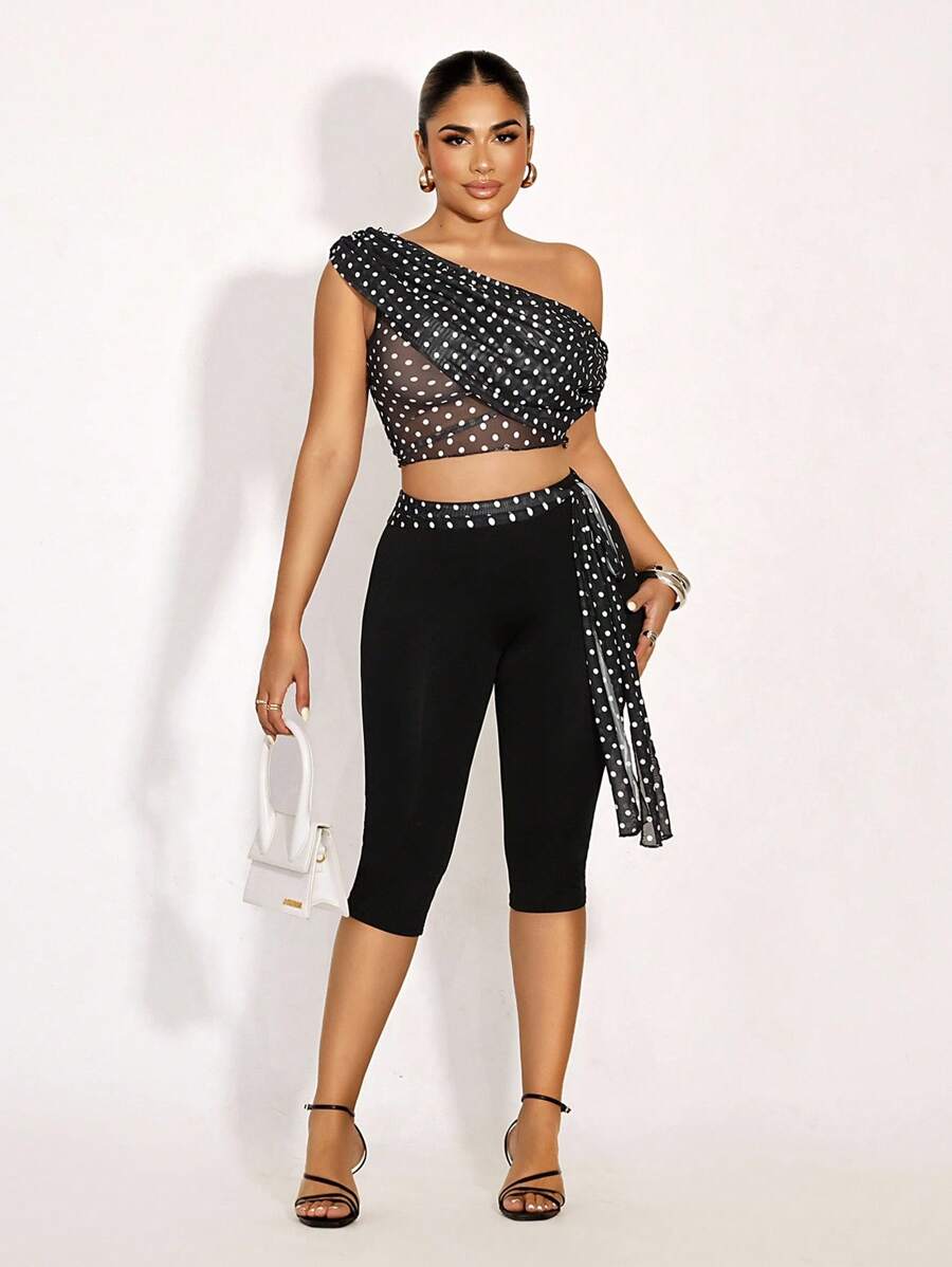 Zolique SummerHoliday  Women's Polka Dot Print Sleeveless Cropped Top And Capri Pants Fashion 2-Piece Set - Black - View 1