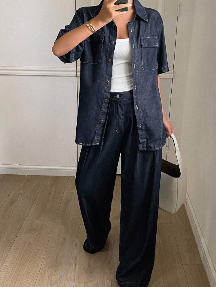Women's Summer Loose Turndown Collar Short Sleeve Denim Shirt And Casual Long Pants 2 Pieces Set, Unisex Urban Casual Denim Outfit