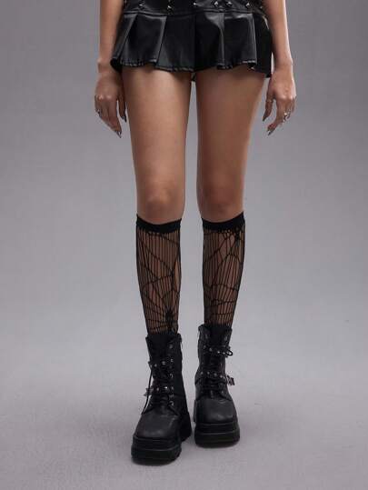 Grunge Punk 1 par de medias tipo red de media pantorrilla con diseño de telaraña estilo Y2K, minimalistas y de moda para uso diario de mujeres