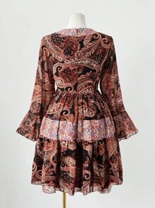 Sunspun Plus Size Women's V-Neck Long Sleeve Floral Print Bohemian Chiffon Dress Vintage Fall Cloth For Women - Multicolor - View 2