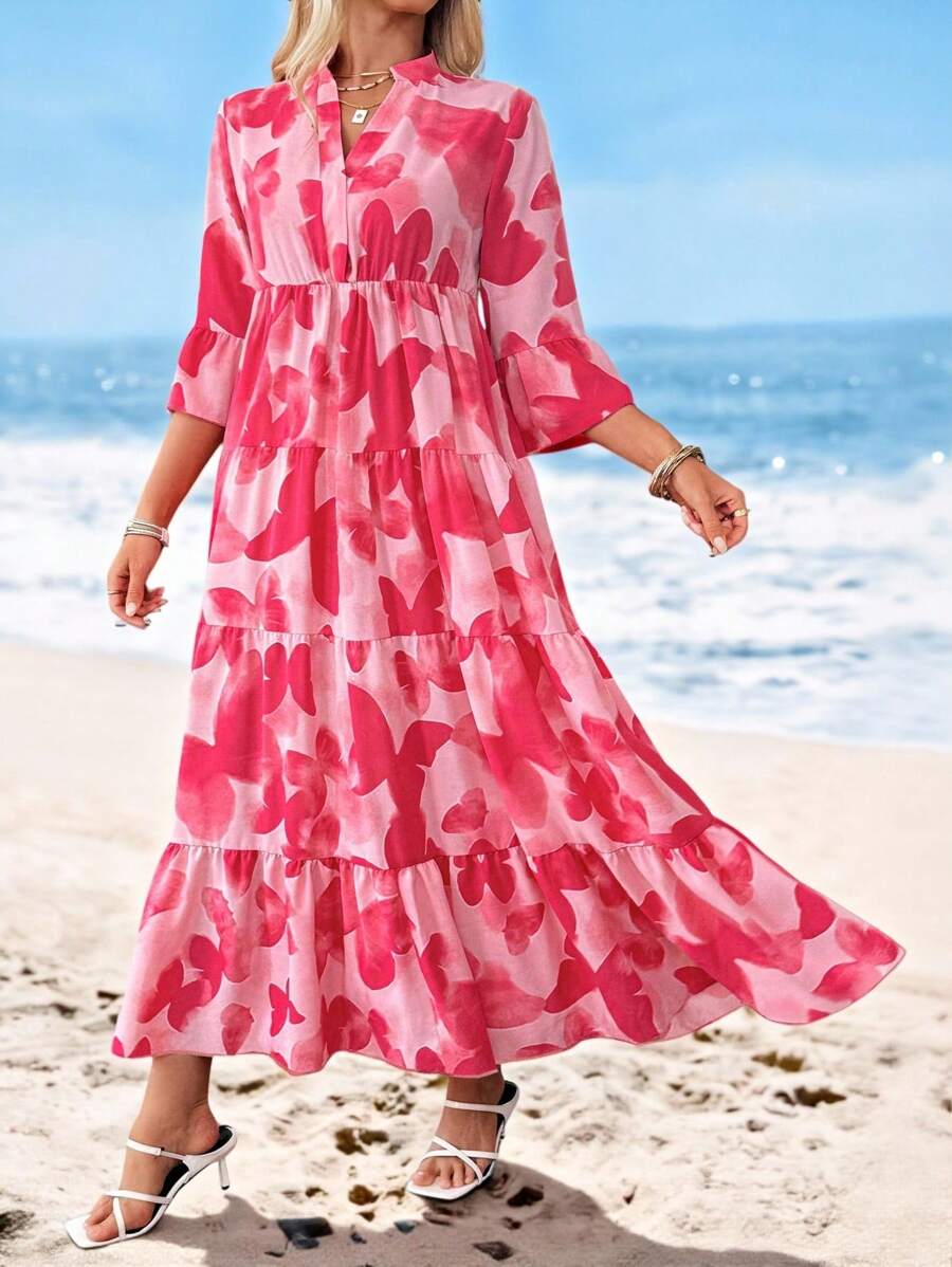 SHEIN LUNE 花卉印花中袖宽松休闲舒适女式长裙，迷人的海滩度假装，狂欢装，女士夏季服装，女士太阳裙，度假裙，波西米亚风女装